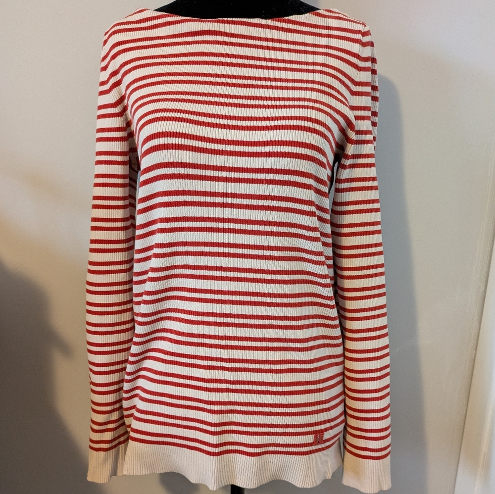 Tory Burch Red and White Long Sleeve Fitted Off-the-Shoulder Sweater